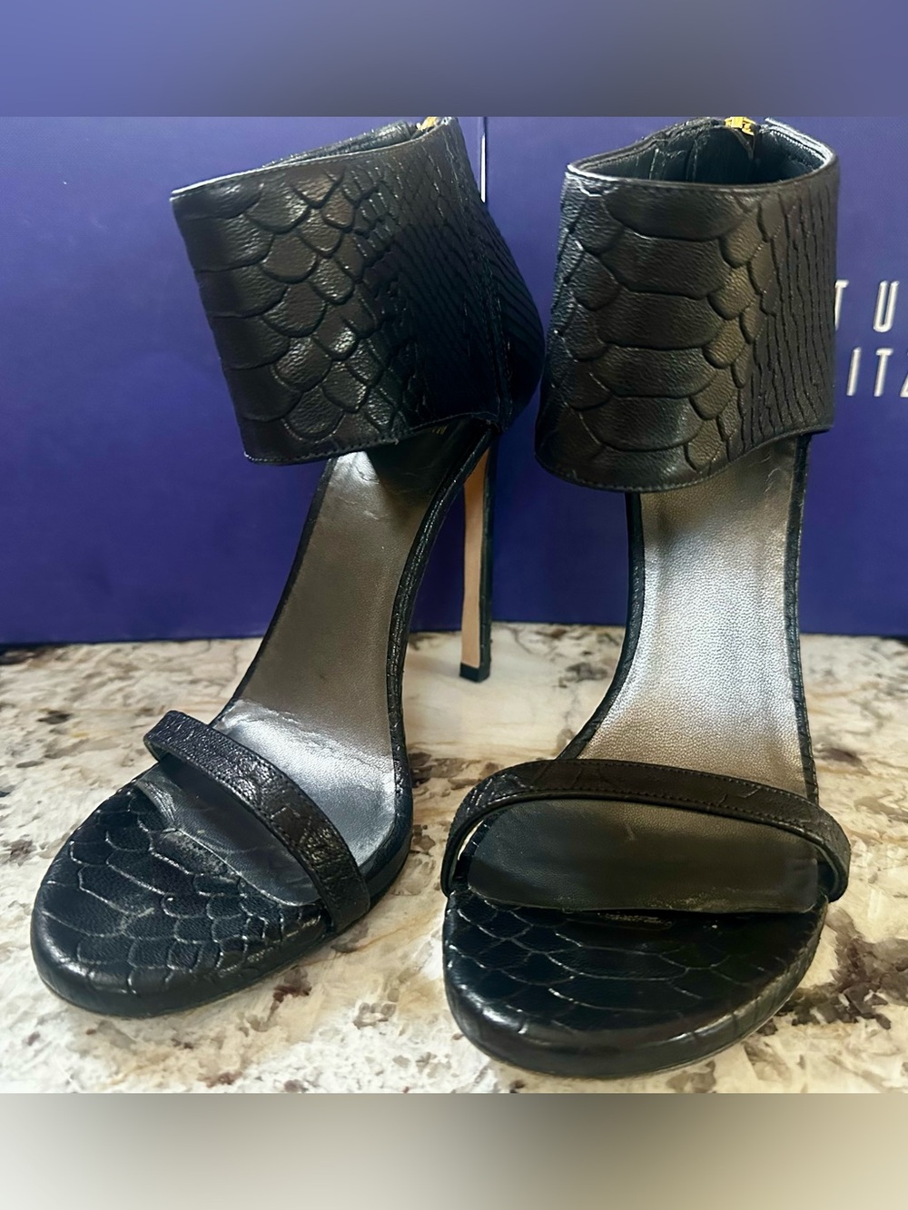 Stuart Weitzman Showgirl - Black King Cobra  Ankle Cuff High Heel Sandal